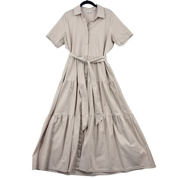 Chico's Dresses & Skirts - Chico's Tiered Maxi Dress Dress Size 12 Tan White Stripe Cotton Blend Belted